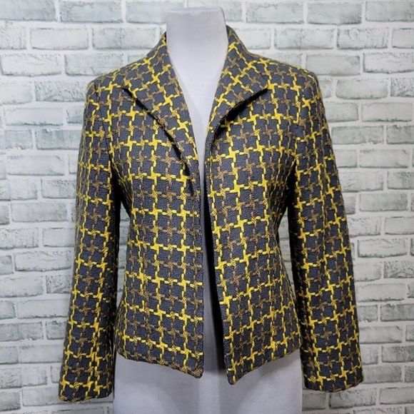 Harve Benard‎ Womens 12 Grey Yellow Geo Plaid Wool Blend Tweed Open Front Blazer - Picture 1 of 7